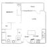 Modern apartment floor plan featuring 1 bedroom, spacious living area with patio access, efficient kitchen with dining space, and convenient laundry area.