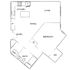 Modern 1-bedroom floor plan featuring an open-concept kitchen, dining, and living area, with a spacious walk-in closet and convenient bathroom layout.