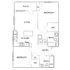 Charming floor plan showcasing two bedrooms, an open kitchen, spacious living area with patio, and two bathrooms.