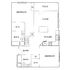 Modern apartment floor plan with 2 bedrooms, 2 bathrooms, open kitchen-living area, and spacious patio.