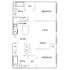 Modern floor plan featuring 2 spacious bedrooms, open kitchen, dining and living area, and convenient walk-in closets.