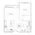 Chic apartment floor plan featuring a spacious bedroom, open kitchen with island, and convenient laundry area.