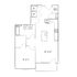 Modern floor plan featuring a spacious kitchen with an island, one bedroom, and a laundry area, designed for comfort and convenience.