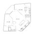 Modern floor plan showcasing two bedrooms, a spacious open-concept kitchen, and a cozy living area with integrated laundry facilities.