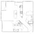 Modern floor plan showcasing 2 bedrooms, a spacious kitchen with an island, and a luxurious bathroom.