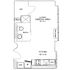 Chic studio apartment floor plan with open living and sleeping area, stylish kitchen, and modern bath.