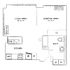 Modern floor plan featuring open-concept living and sleeping area, spacious kitchen with appliances, and convenient bath layout.
