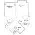 Modern 2D floor plan with one spacious bedroom, open living room, contemporary kitchen, and a bathroom featuring washer/dryer. Ideal for efficient living.