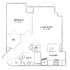 Elegant floor plan featuring one bedroom, spacious living room, modern kitchen, and ample storage.