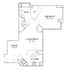 Modern floor plan with 1 spacious bedroom, open living and dining area, full kitchen, and bath with washer-dryer.