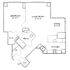 Charming floor plan showcasing a spacious 1-bedroom layout with an airy living room, cozy dining area, and modern kitchen design.
