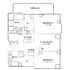 Modern floor plan showcasing 2 spacious bedrooms, open kitchen, inviting living room with fireplace, and a large terrace.