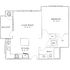 Charming 1-bedroom floor plan featuring an open-concept living room, cozy kitchen, spacious balcony, and convenient bath and laundry area.