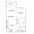 Contemporary floor plan featuring one bedroom, a sleek kitchen, open living and dining area, and spacious balcony.