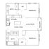 Chic floor plan displaying 2 bedrooms, open kitchen and dining area, expansive living room, and private balcony.