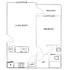 Charming 1-bedroom floor plan with a cozy living room, modern kitchen, private balcony, and sleek bathroom.