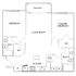 Charming floor plan featuring a spacious living room, two bedrooms, including a master suite, two baths, a modern kitchen, and a balcony.