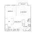 Modern floor plan featuring 1 bedroom, an open-plan kitchen, and a spacious living room with access to a private balcony.