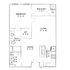Modern floor plan featuring one spacious bedroom, large living area, and a stylish kitchen with dining space and balcony access.