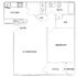 Modern floor plan showcasing a 1-bedroom apartment with open-concept living/dining area, efficient kitchen, and a cozy patio.