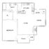 Modern single bedroom apartment floor plan with a spacious living area, kitchen, and private patio.