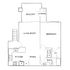Chic floor plan showcasing a spacious bedroom, modern kitchen, dining area, and inviting living room with balcony access. Includes convenient storage and in-unit laundry.