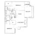 Charming floor plan featuring 2 bedrooms, expansive living room, open kitchen, dining area, two baths, and a cozy balcony with storage.