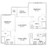 Modern apartment floor plan featuring 2 spacious bedrooms, 2 bathrooms, a cozy living room, dining area, and a stylish kitchen with patio access.