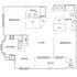 Elegant floor plan showcasing 2 bedrooms, open living and dining area, modern kitchen, and inviting patio.