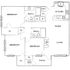 Modern 3-bedroom floor plan featuring two bathrooms, a stylish kitchen adjacent to a dining area, and a cozy living room with patio access.