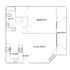 Modern 1-bedroom apartment floor plan showcasing a spacious living room, kitchen with entry, and a private balcony with fireplace.