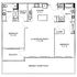 Charming floor plan showcasing 2 bedrooms, an inviting living/dining area, modern kitchen, and spacious ground floor patio with balcony access.
