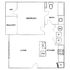 Inviting 1-bedroom floor plan with a balcony, walk-in closet, and modern kitchen adjoining a spacious living area.