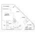 Modern 1-bedroom floor plan with open living and dining areas, a spacious kitchen, and a private patio/deck.