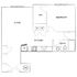 Contemporary apartment floor plan featuring a spacious living area, modern kitchen, one bedroom, and bathroom with walk-in closet.