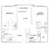 Modern floor plan with 2 bedrooms, spacious living and dining area, and a stylish kitchen opening to a patio.