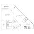 Chic floor plan with a bedroom, living/dining area, sleek kitchen, spacious bath, walk-in closet, and balcony.
