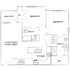 Chic apartment floor plan with two bedrooms, two bathrooms, open living and dining area, modern kitchen, and private balcony.