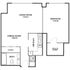 Modern apartment floor plan with a spacious living room, dining room, one bedroom with a walk-in closet, and a well-equipped kitchen in an open layout.