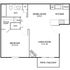 Elegant floor plan featuring a spacious bedroom, open-concept living and dining area, modern kitchen, and a patio for outdoor leisure.
