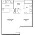 Modern floor plan featuring a cozy 1-bedroom with a walk-in closet, spacious living room, efficient kitchen, and convenient bath layout.