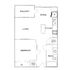 Modern floor plan featuring a spacious living area, dining room, kitchen with appliances, bedroom with closet, bath, and balcony.
