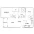Modern apartment floor plan showcasing a spacious bedroom, office space, and open-concept living, dining, and kitchen area with balcony access.