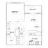 Modern floor plan featuring 1 bedroom, open kitchen, dining area, living room with access to balcony, and well-designed bathroom.