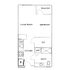 Chic apartment floor plan with 1 bedroom, open-concept kitchen and living room, walk-in closet, bathroom, and charming balcony.