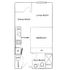 Efficient floor plan showcasing a cozy 1-bedroom layout with integrated kitchen, dining area, and spacious living room.