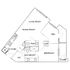 Chic floor plan showcasing a modern layout with a bedroom, den, open-concept living and dining area, kitchen, and private balcony.