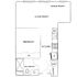 Modern floor plan featuring 1 bedroom, spacious living and dining room, cozy kitchen, and convenient laundry area.