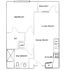 Contemporary 1-bedroom floor plan featuring a spacious living and dining area, modern kitchen, bathroom, and inviting balcony.
