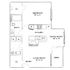 Contemporary floor plan featuring a spacious bedroom, open kitchen with a fireplace, dining room, and luxurious bath with washer and dryer setup.